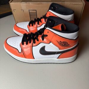 Nike Air Jordan 1 Mid Black White and Turf Orange leather sneakers, Men’s size 8